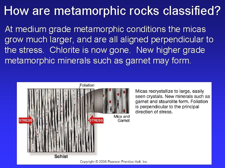 How are metamorphic rocks classified? At medium grade metamorphic conditions the micas grow much