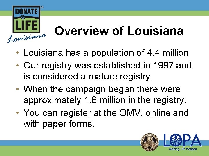 Overview of Louisiana • Louisiana has a population of 4. 4 million. • Our