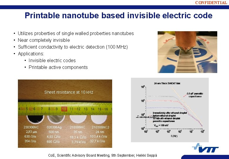 CONFIDENTIAL Printable nanotube based invisible electric code • • Utilizes proberties of single walled