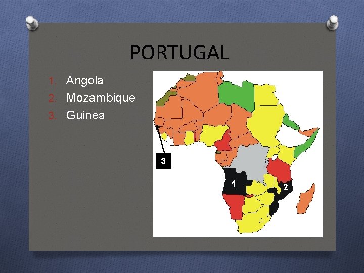 PORTUGAL 1. Angola 2. Mozambique 3. Guinea 3 1 2 