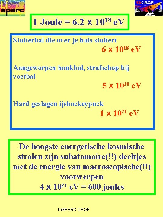 1 Joule = 6. 2 x 1018 e. V Stuiterbal die over je huis