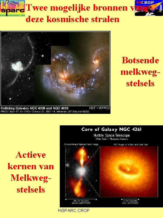 Twee mogelijke bronnen van deze kosmische stralen Botsende melkwegstelsels Actieve kernen van Melkwegstelsels Hi.