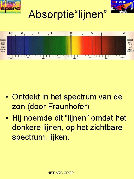 Absorptie“lijnen” • Ontdekt in het spectrum van de zon (door Fraunhofer) • Hij noemde