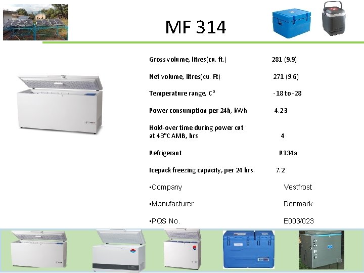 MF 314 Gross volume, litres(cu. ft. ) 281 (9. 9) Net volume, litres(cu. Ft)