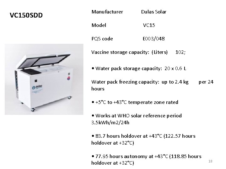 VC 150 SDD Manufacturer Dulas Solar Model VC 15 PQS code E 003/048 Vaccine