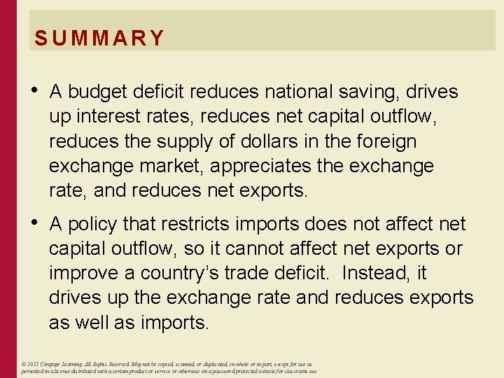 SUMMARY • A budget deficit reduces national saving, drives up interest rates, reduces net