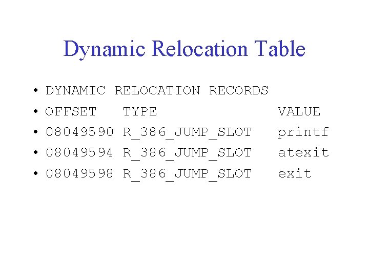 Dynamic Relocation Table • • • DYNAMIC RELOCATION RECORDS OFFSET TYPE 08049590 R_386_JUMP_SLOT 08049594