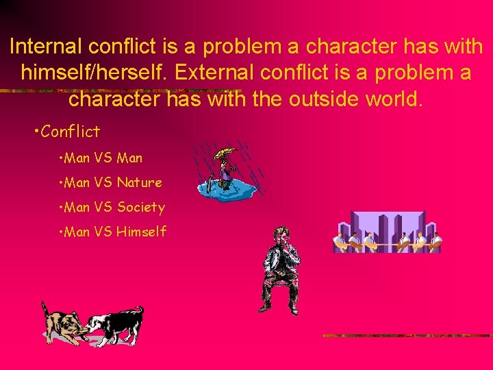 Internal conflict is a problem a character has with himself/herself. External conflict is a