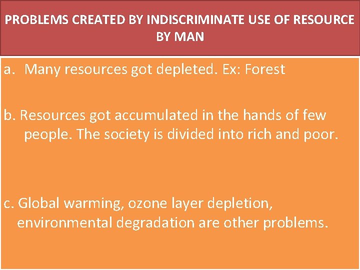 PROBLEMS CREATED BY INDISCRIMINATE USE OF RESOURCE BY MAN a. Many resources got depleted.