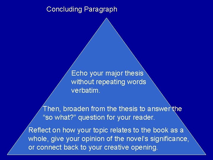 Concluding Paragraph Echo your major thesis without repeating words verbatim. Then, broaden from thesis