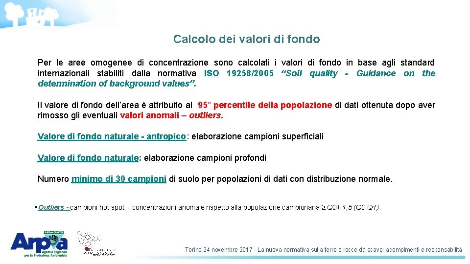 Calcolo dei valori di fondo Per le aree omogenee di concentrazione sono calcolati i