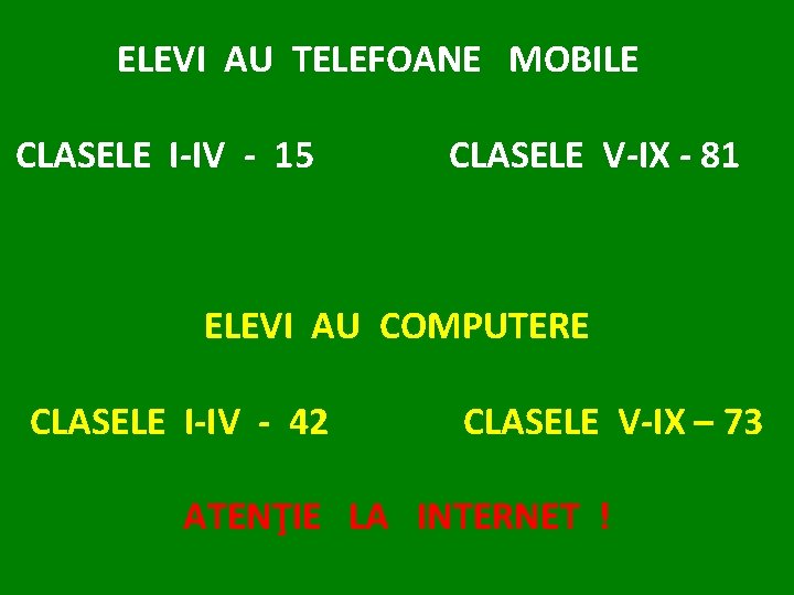 ELEVI AU TELEFOANE MOBILE CLASELE I-IV - 15 CLASELE V-IX - 81 ELEVI AU