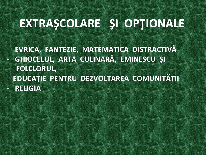 EXTRAŞCOLARE ŞI OPŢIONALE - EVRICA, FANTEZIE, MATEMATICA DISTRACTIVĂ - GHIOCELUL, ARTA CULINARĂ, EMINESCU ŞI