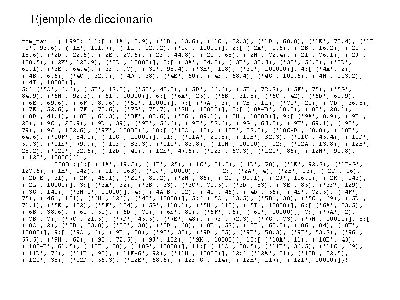 Ejemplo de diccionario tom_map = { 1992: { 1: [ ('1 A', 8. 9),