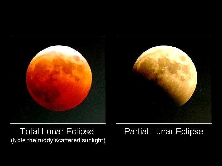 Total Lunar Eclipse (Note the ruddy scattered sunlight) Partial Lunar Eclipse 