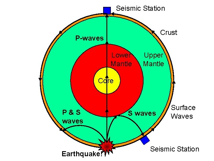 Seismic Station Crust P-waves Lower Mantle Upper Mantle Core P&S waves Earthquake! S waves