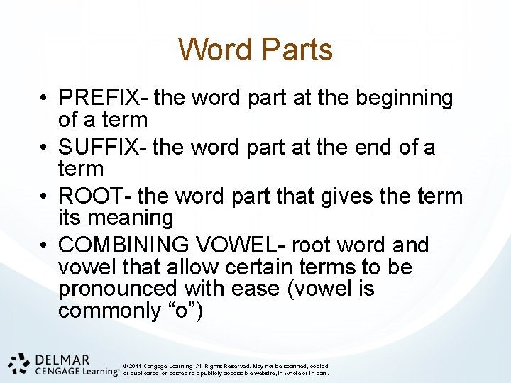 Word Parts • PREFIX- the word part at the beginning of a term •