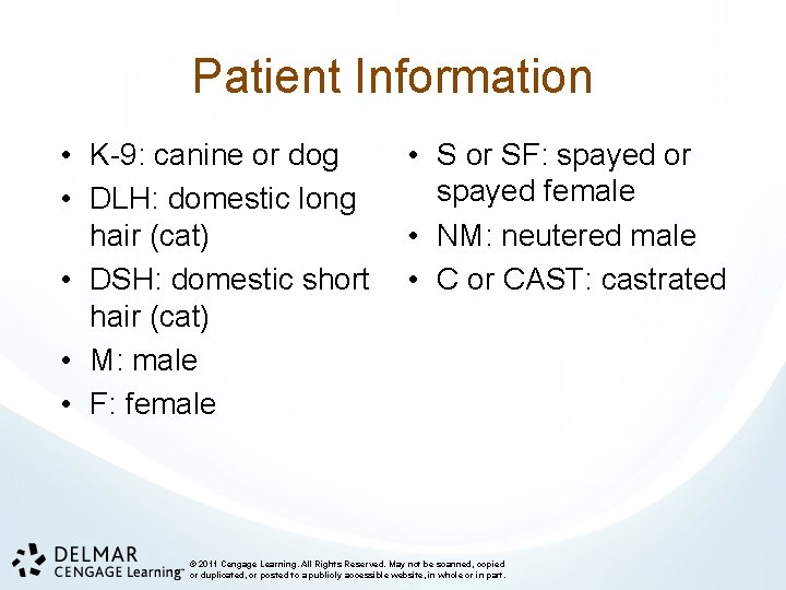 Patient Information • K-9: canine or dog • DLH: domestic long hair (cat) •