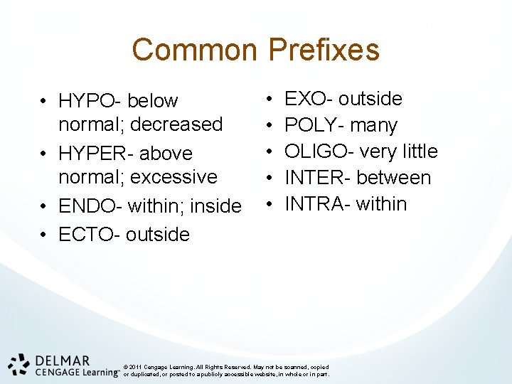 Common Prefixes • HYPO- below normal; decreased • HYPER- above normal; excessive • ENDO-