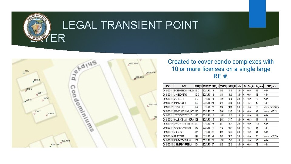 LEGAL TRANSIENT POINT LAYER Created to cover condo complexes with 10 or more licenses