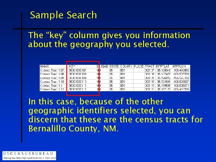 Sample Search The “key” column gives you information about the geography you selected. In