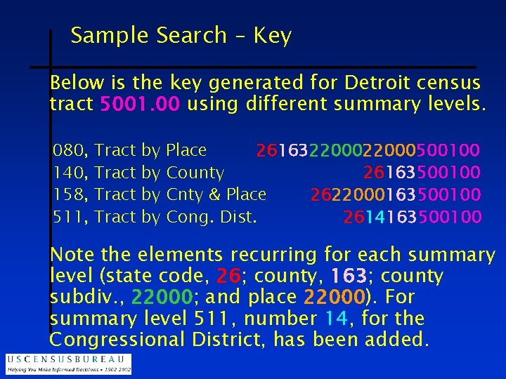 Sample Search – Key Below is the key generated for Detroit census tract 5001.