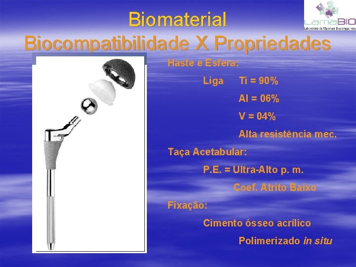 Biomaterial Biocompatibilidade X Propriedades Haste e Esfera: Liga Ti = 90% Al = 06%