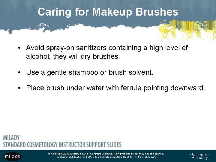 Caring for Makeup Brushes • Avoid spray-on sanitizers containing a high level of alcohol; Caring for Makeup Brushes • Avoid spray-on sanitizers containing a high level of alcohol;