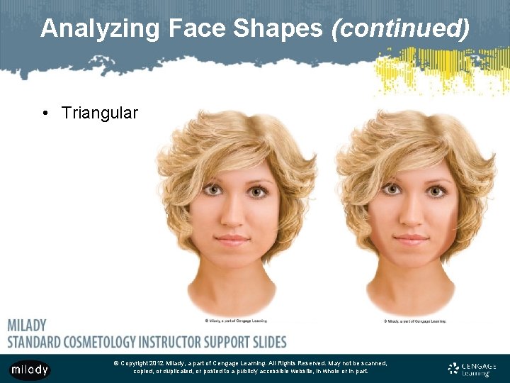 Analyzing Face Shapes (continued) • Triangular © Copyright 2012 Milady, a part of Cengage Analyzing Face Shapes (continued) • Triangular © Copyright 2012 Milady, a part of Cengage