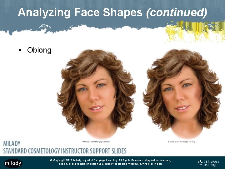 Analyzing Face Shapes (continued) • Oblong © Copyright 2012 Milady, a part of Cengage Analyzing Face Shapes (continued) • Oblong © Copyright 2012 Milady, a part of Cengage