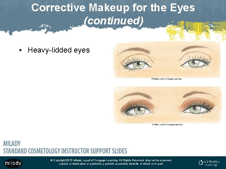Corrective Makeup for the Eyes (continued) • Heavy-lidded eyes © Copyright 2012 Milady, a Corrective Makeup for the Eyes (continued) • Heavy-lidded eyes © Copyright 2012 Milady, a