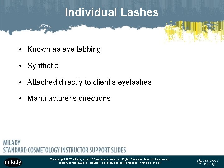 Individual Lashes • Known as eye tabbing • Synthetic • Attached directly to client’s Individual Lashes • Known as eye tabbing • Synthetic • Attached directly to client’s