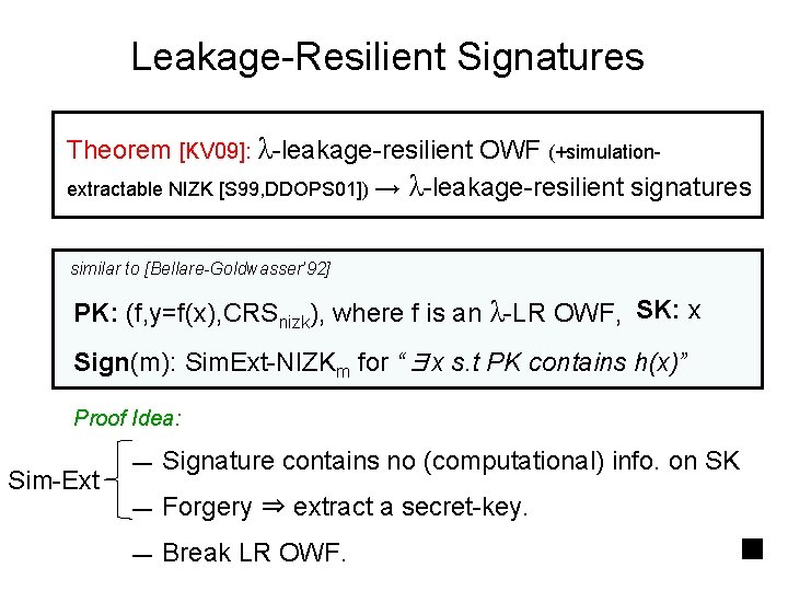 Leakage-Resilient Signatures Theorem [KV 09]: λ-leakage-resilient OWF (+simulationextractable NIZK [S 99, DDOPS 01]) →