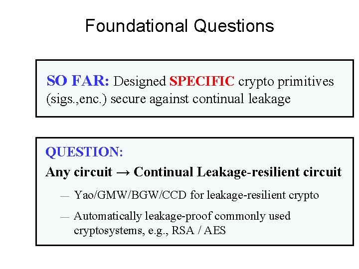 Foundational Questions SO FAR: Designed SPECIFIC crypto primitives (sigs. , enc. ) secure against