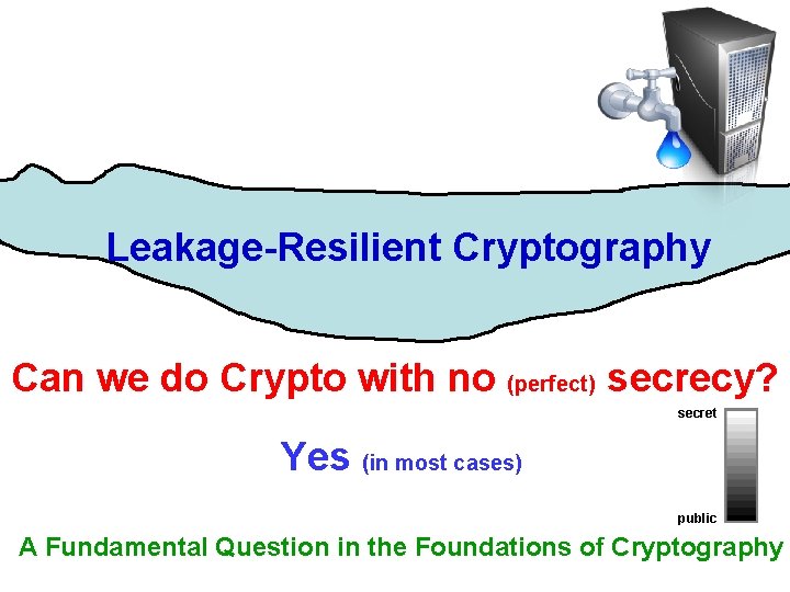 Leakage-Resilient Cryptography Can we do Crypto with no (perfect) secrecy? secret Yes (in most