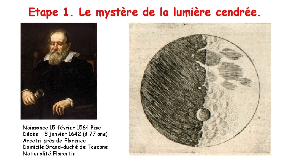 Etape 1. Le mystère de la lumière cendrée. Naissance 15 février 1564 Pise Décès