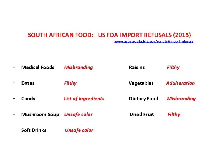 SOUTH AFRICAN FOOD: US FDA IMPORT REFUSALS (2015) www. accessdata. fda. gov/scripts/importrefusals • Medical