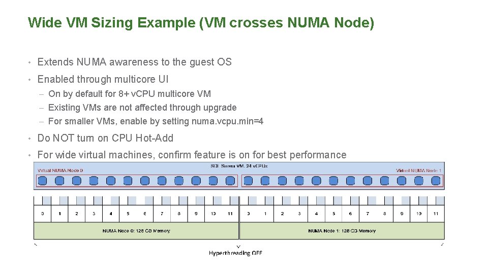 Wide VM Sizing Example (VM crosses NUMA Node) • Extends NUMA awareness to the