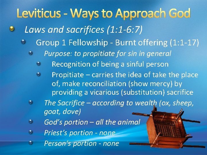 Leviticus - Ways to Approach God Laws and sacrifices (1: 1 -6: 7) Group