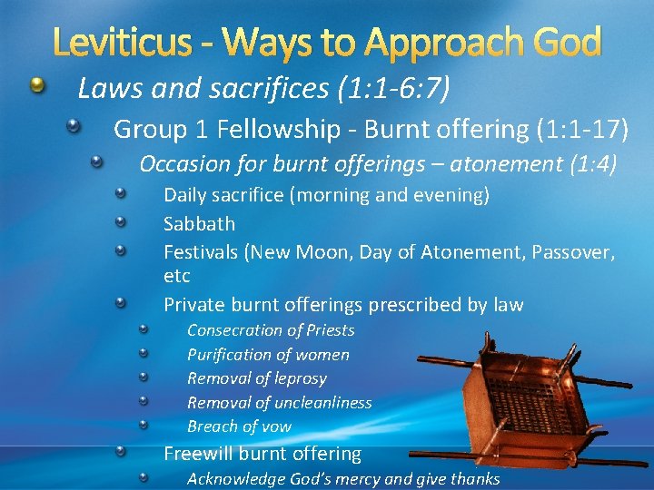 Leviticus - Ways to Approach God Laws and sacrifices (1: 1 -6: 7) Group