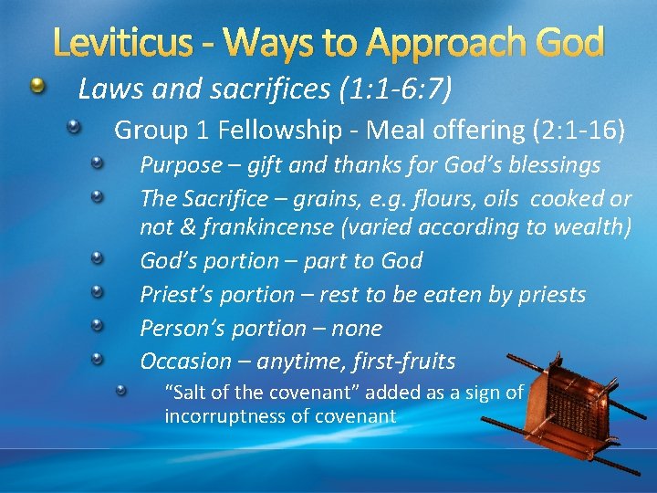 Leviticus - Ways to Approach God Laws and sacrifices (1: 1 -6: 7) Group