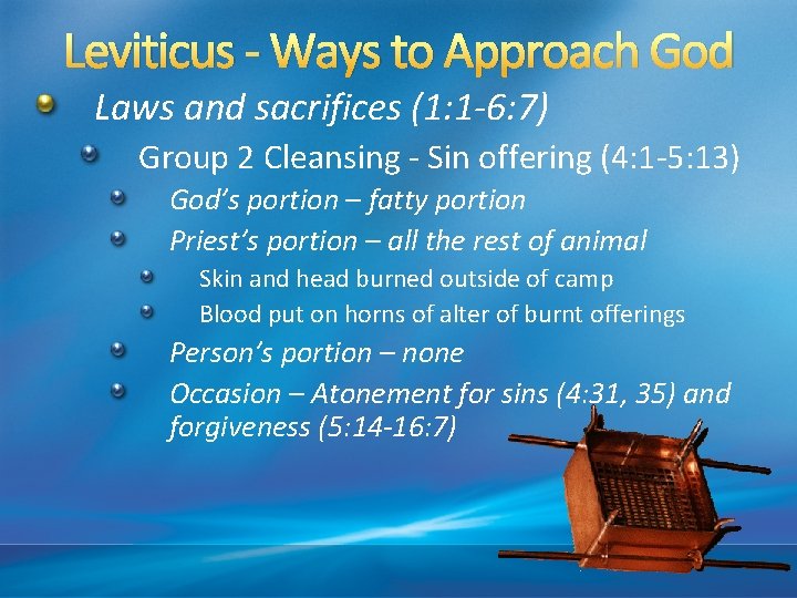 Leviticus - Ways to Approach God Laws and sacrifices (1: 1 -6: 7) Group