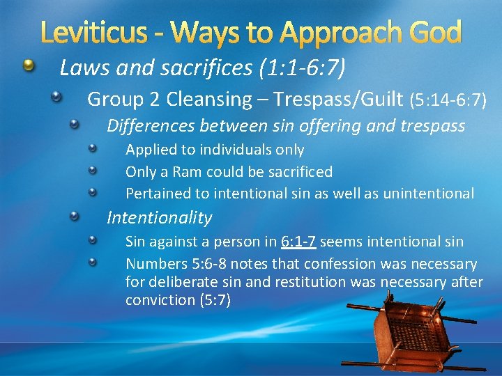 Leviticus - Ways to Approach God Laws and sacrifices (1: 1 -6: 7) Group