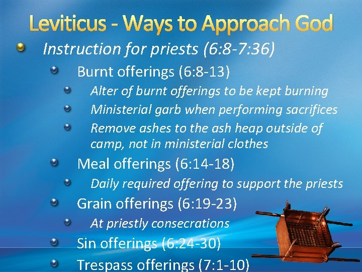 Leviticus - Ways to Approach God Instruction for priests (6: 8 -7: 36) Burnt