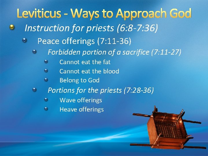 Leviticus - Ways to Approach God Instruction for priests (6: 8 -7: 36) Peace