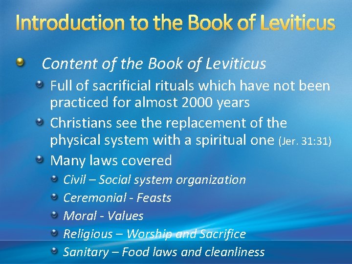 Introduction to the Book of Leviticus Content of the Book of Leviticus Full of