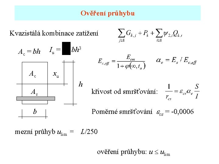 Ověření průhybu Kvazistálá kombinace zatížení Ac = bh Ac As b Iu = bh