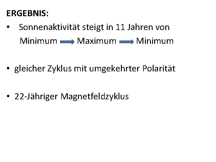 ERGEBNIS: • Sonnenaktivität steigt in 11 Jahren von Minimum Maximum Minimum • gleicher Zyklus