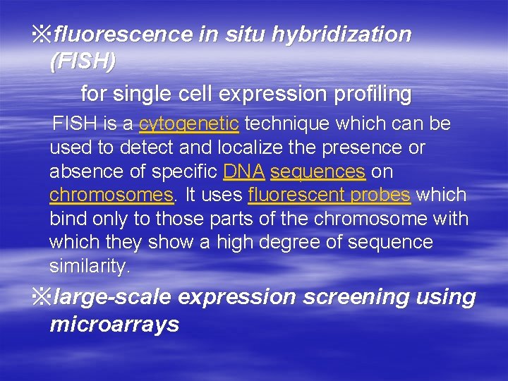 ※fluorescence in situ hybridization (FISH) for single cell expression profiling FISH is a cytogenetic