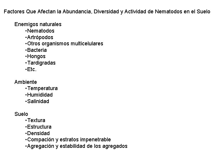 Factores Que Afectan la Abundancia, Diversidad y Actividad de Nematodos en el Suelo Enemigos